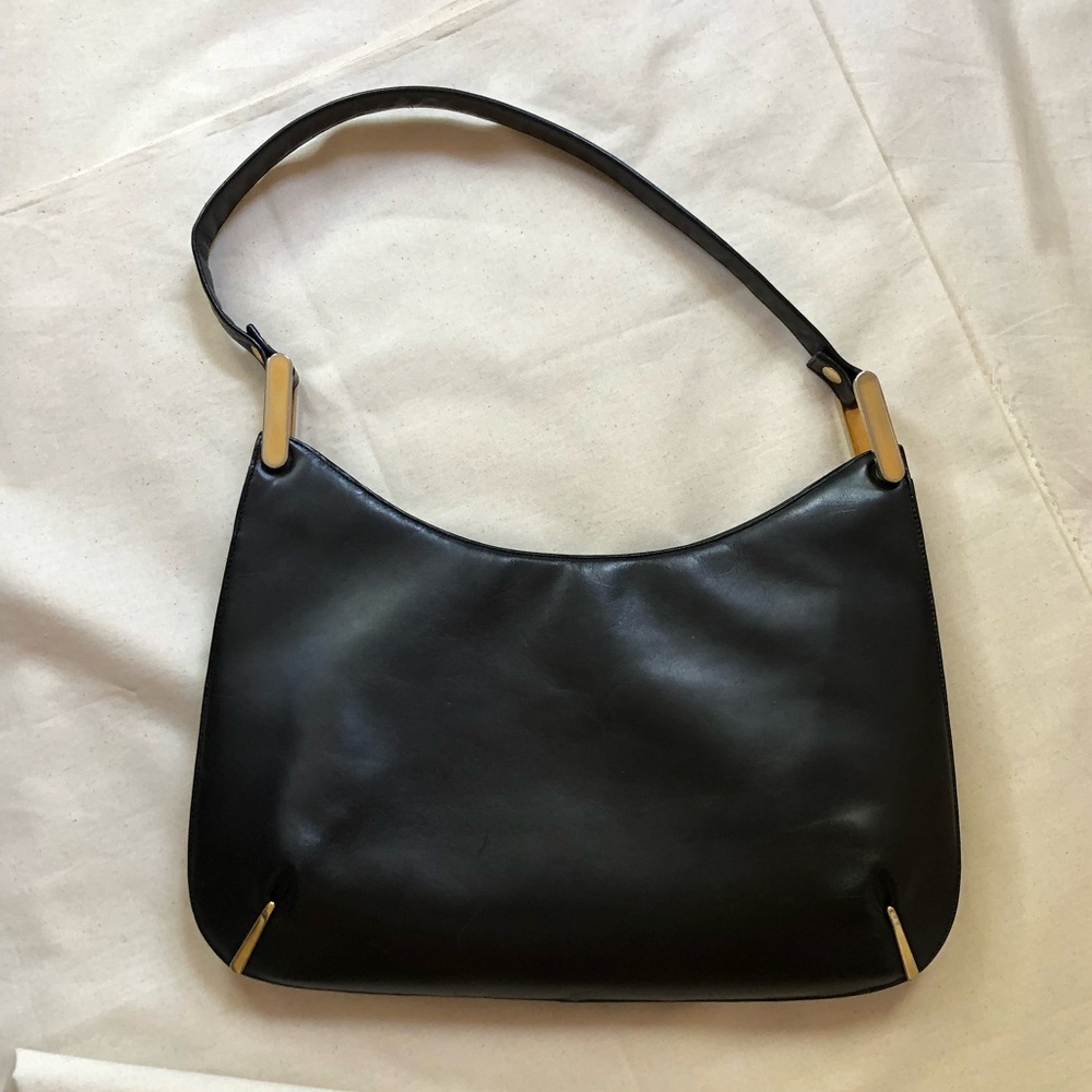vintage black leather shoulder bag gold accents 70s saks fifth avenue